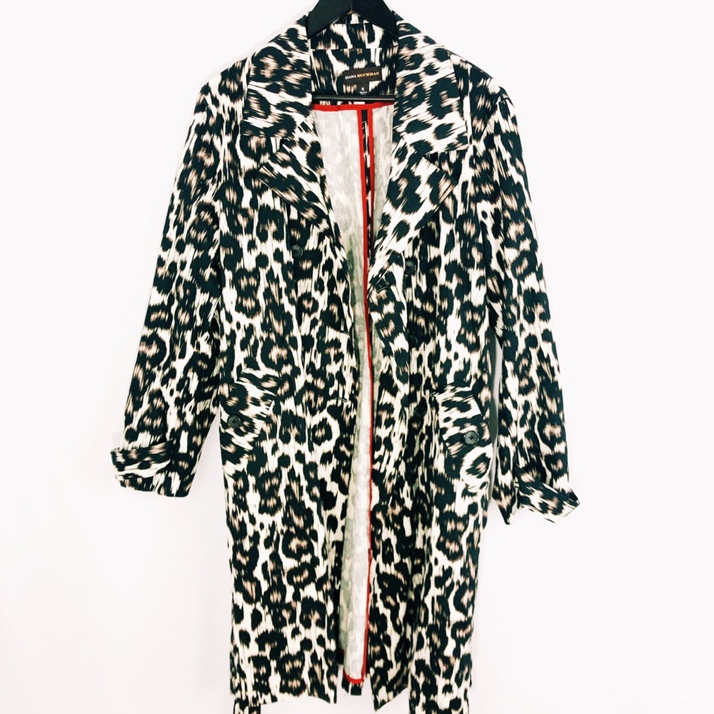 Leopard print double breasted trench coat.